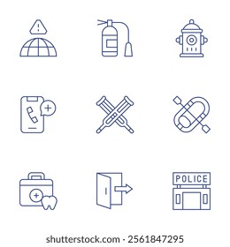 Emergency icons set. Thin Line style, editable stroke. alert, call, crutches, dentist, emergency, fire extinguisher, fire hydrant, inflatable boat, police station.