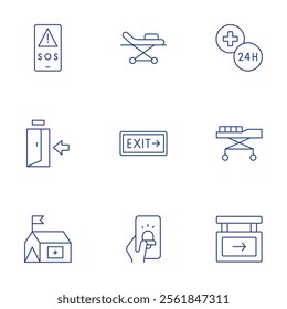 Emergency icons set. Thin Line style, editable stroke. sos, stretcher, emergency exit, exit, emergency contact, emergency, tent.