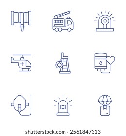 Emergency icons set. Thin Line style, editable stroke. alarm, blood donation, delivery box, fire hose, fire truck, helicopter, lifeguard chair, oxygen mask, siren.