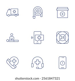 Emergency icons set. Thin Line style, editable stroke. ambulance, cpr, emergency, fire hose, first aid kit, maritime rescue, phone call, smart home, smartphone.