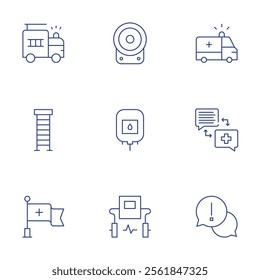 Emergency icons set. Thin Line style, editable stroke. fire truck, ladder, red cross, alarm, ambulance, blood bag, chat, defibrillator, emergency.