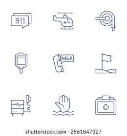 Emergency icons set. Thin Line style, editable stroke. Frame, ambulance, blood bag, calling, defibrillator, drowning, fire hose, flag, medical kit.