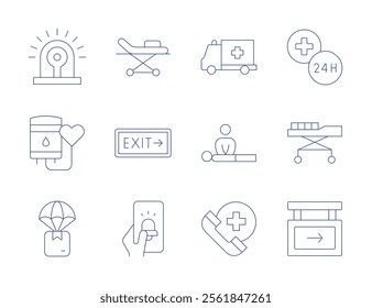 Emergency icons. Thin Line style, editable stroke. stretcher, exit, alarm, ambulance, blood donation, cpr, delivery box, emergency, emergency contact.
