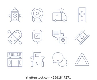 Emergency icons. Thin Line style, editable stroke. emergency, ambulance, chat, fire hydrant, inflatable boat, police station, stretcher, alarm, blood bag, defibrillator.