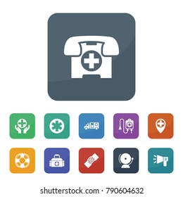 Emergency icons. vector collection filled emergency icons such as megaphone, school bell, blood donation, medical location, medical, ambulance, patch