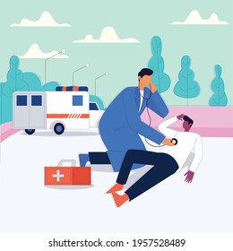 Emergency illustrated ambulance with doctors and patient, Doctor checking outdoor patient to pick hospital illustration, emergency ambulance service vector concept