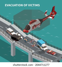 Emergency isometric background demonstrated evacuation of victims by helicopter after traffic accident on broken bridge 3d vector illustration