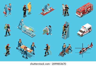 Isoometrische Notfallpackung von Feuerwehrleuten, die erste Hilfe für ertrinkende Menschen oder Opfer nach Verkehrsunfall oder Brandgrafik leisten