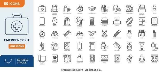 emergency kit editable icon set. Vector objects set of survival emergency kit for evacuation or disasters.