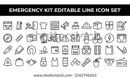 Emergency Kit Editable Line Icon Set vector. Minimalist vector icons for disaster preparedness, survival supplies, and essential tools, ideal for infographics, apps, and emergency guides.
