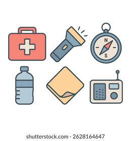 Emergency Kit Icon Set – Flat Vector of First Aid Kit, Flashlight, Compass, Water Bottle, Emergency Blanket, and Radio