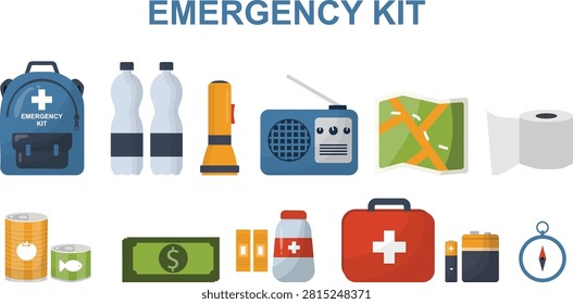Emergency Kit Icons Isolated on transparent background. Medical, survival and preparedness items for safety, rescue and disaster planning. Survival and disaster readiness supplies. Vector illustration