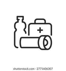 Emergency kit, linear style icon. A collection of emergency supplies including a water bottle, flashlight, and first aid kit, preparedness for emergencies. Editable stroke width.