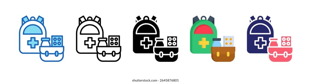 Colección de conjunto de iconos de estilo múltiple de kit de emergencia.