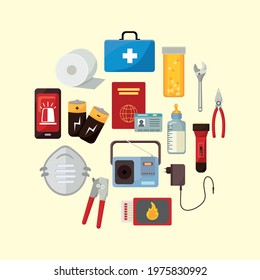 emergency kit set icons around