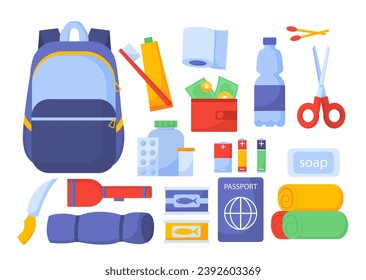 Emergency kit set. Red flashlight and scissors, passport. Pack of tools for first aid help, suppiort. Toourist and traveller. Cartoon flat vector collection isolated on white background