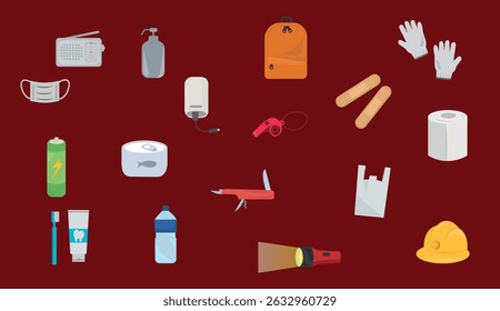 Emergency Kit Vector Set  Earthquake Preparedness Items amd Survival Essentials