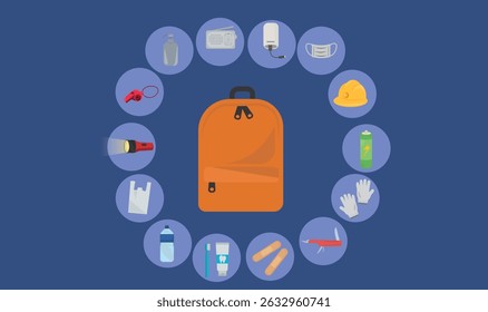 Itens de preparação para terremotos do kit de emergência do vetor e fundamentos de sobrevivência