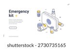 Emergency kit web banner. Isometric vector illustration for first aid and medical care landing page template. Modern design shows case, pills, plaster for healthcare services