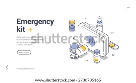 Emergency kit web banner. Isometric vector illustration for first aid and medical care landing page template. Modern design shows case, pills, plaster for healthcare services