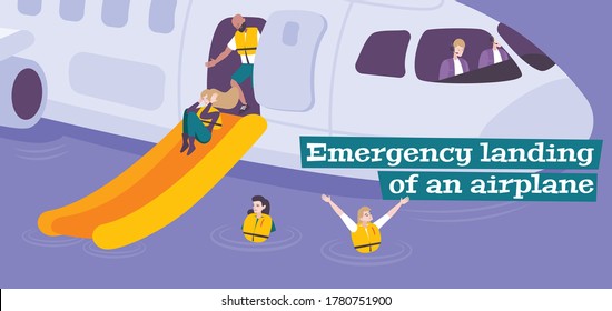 Emergency landing flat background with steward providing evacuation of passengers in life jackets from airplane vector illustration 