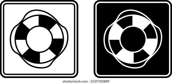 Emergency Lifebuoy Signs. Black and White Vector Icons. Evacuation Sign. Drowning Rescue Service. First Aid for Victims of Water Recreation