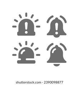 Emergency light and bell with exclamation mark icons. Alarm lamp, warning and signal icon set.