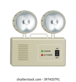 Emergency lighting with rechargeable battery and two halogen lamps. Isolated on white background.