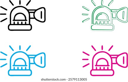 Emergency lights, police sirens, ambulance beacons, warning signals, minimalist icons, line drawings, simple geometric shapes, flashing lights, bright colors, red blue green pink, white background, ve