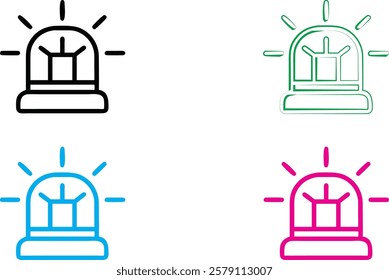 Emergency lights, police sirens, ambulance beacons, warning signals, minimalist icons, line drawings, simple geometric shapes, flashing lights, bright colors, red blue green pink, white background, ve