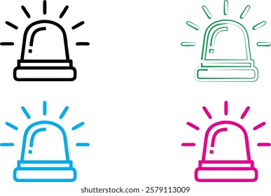 Emergency lights, police sirens, ambulance beacons, warning signals, minimalist icons, line drawings, simple geometric shapes, flashing lights, bright colors, red blue green pink, white background, ve