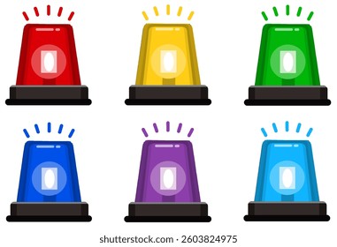 Emergency lights set in different colors. Collection of ambulance alert siren vector illustrations isolated on white background. Elements of police alarm, medical alarm in simple style in eps format. 