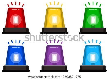 Emergency lights set in different colors. Collection of ambulance alert siren vector illustrations isolated on white background. Elements of police alarm, medical alarm in simple style in eps format. 