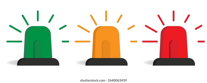 Emergency lights siren set. Emergency siren in green, orange, and red signaling different alert levels for safety. Stock Vector