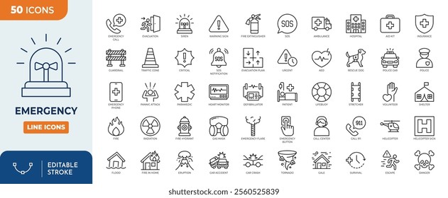 Emergency line editable icon set. Vector illustration in thin line style of warning icons: accidents, natural disasters, rescue services, and emergency signals.