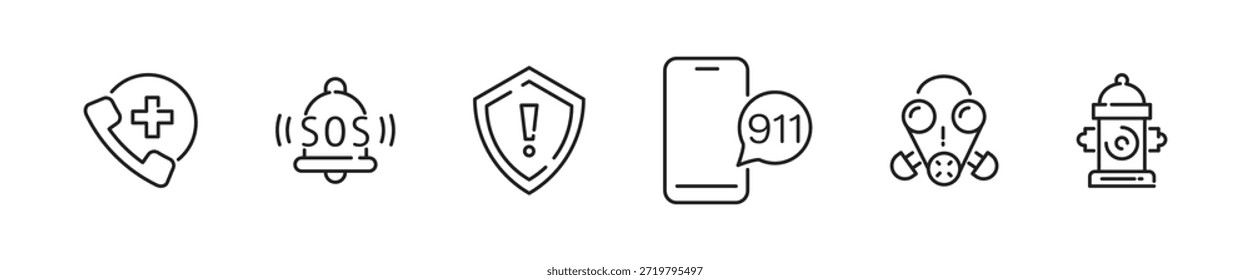 Conjunto de iconos de línea de emergencia. Colección de iconos lineales de emergencia y accidente. Sos. Ilustración vectorial. EPS 10.