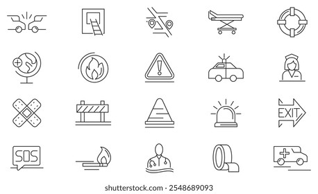 Emergency line icon set. Accidents, natural disasters, rescue services, exit, hospital, lifebuoy, accident, evacuation, ambulance, help, hotline line icon set. Ui thin line icon pack.