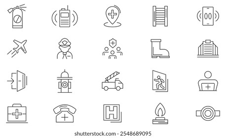 Emergency line icon set. Accidents, natural disasters, rescue services, exit, hospital, lifebuoy, accident, evacuation, ambulance, help, hotline line icon set. Ui thin line icon pack.