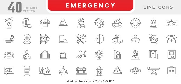 Emergency line icon set. Accidents, natural disasters, rescue services, exit, hospital, lifebuoy, accident, evacuation, ambulance, help, hotline line icon set. Ui thin line icon pack.