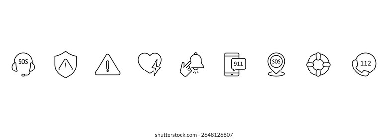 Emergency line icon set. Containing ambulance, lifebuoy, first aid, police, medical, emergency exit, hospital and SOS icons. Line icon collection. SOS icon. Vector illustration.