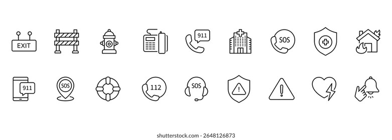 Emergency line icon set. Containing ambulance, lifebuoy, first aid, police, medical, emergency exit, hospital and SOS icons. Line icon collection. SOS icon. Vector illustration.