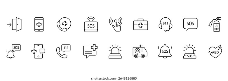 Emergency line icon set. Containing ambulance, lifebuoy, first aid, police, medical, emergency exit, hospital and SOS icons. Line icon collection. SOS icon. Vector illustration.