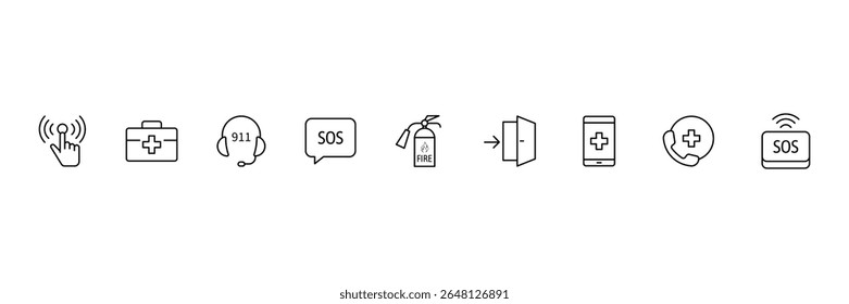 Emergency line icon set. Containing ambulance, lifebuoy, first aid, police, medical, emergency exit, hospital and SOS icons. Line icon collection. SOS icon. Vector illustration.