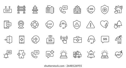 Emergency line icon set. Containing ambulance, lifebuoy, first aid, police, medical, emergency exit, hospital and SOS icons. Line icon collection. SOS icon. Vector illustration.