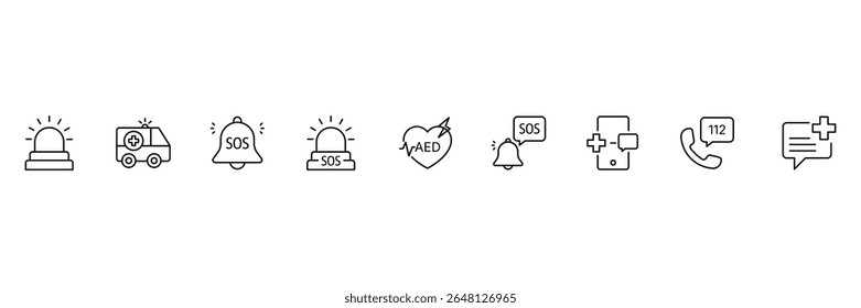 Emergency line icon set. Containing ambulance, lifebuoy, first aid, police, medical, emergency exit, hospital and SOS icons. Line icon collection. SOS icon. Vector illustration.