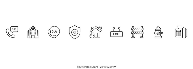 Emergency line icon set. Containing ambulance, lifebuoy, first aid, police, medical, emergency exit, hospital and SOS icons. Line icon collection. SOS icon. Vector illustration.