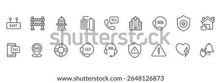 Emergency line icon set. Containing ambulance, lifebuoy, first aid, police, medical, emergency exit, hospital and SOS icons. Line icon collection. SOS icon. Vector illustration.