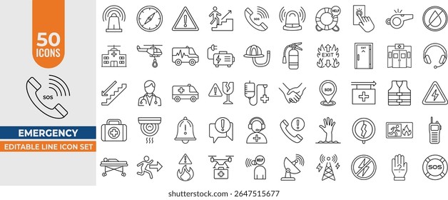 Emergency Line Icon Set – Editable Vector Icons for SOS, Evacuation, Ambulance, Hotline, Help and Exit Signs. Editable Stroke. Vector illustration