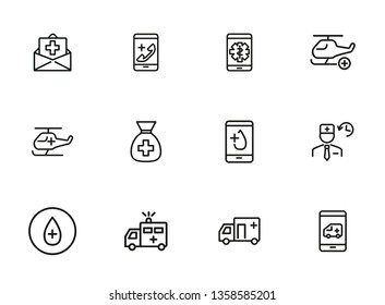 Emergency line icon set. Insurance, ambulance car, helicopter, call. Healthcare concept. Can be used for topics like medical help, aid, accident