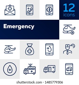 Emergency line icon set. Insurance, ambulance car, helicopter, call. Healthcare concept. Can be used for topics like medical help, aid, accident